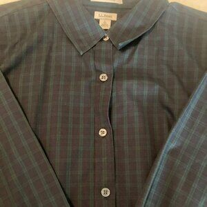 LLBean 3/4 sleeve, button-down shirt, navy/green plaid, size L